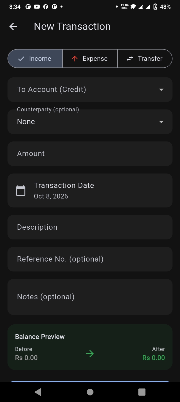 New Transaction Screen